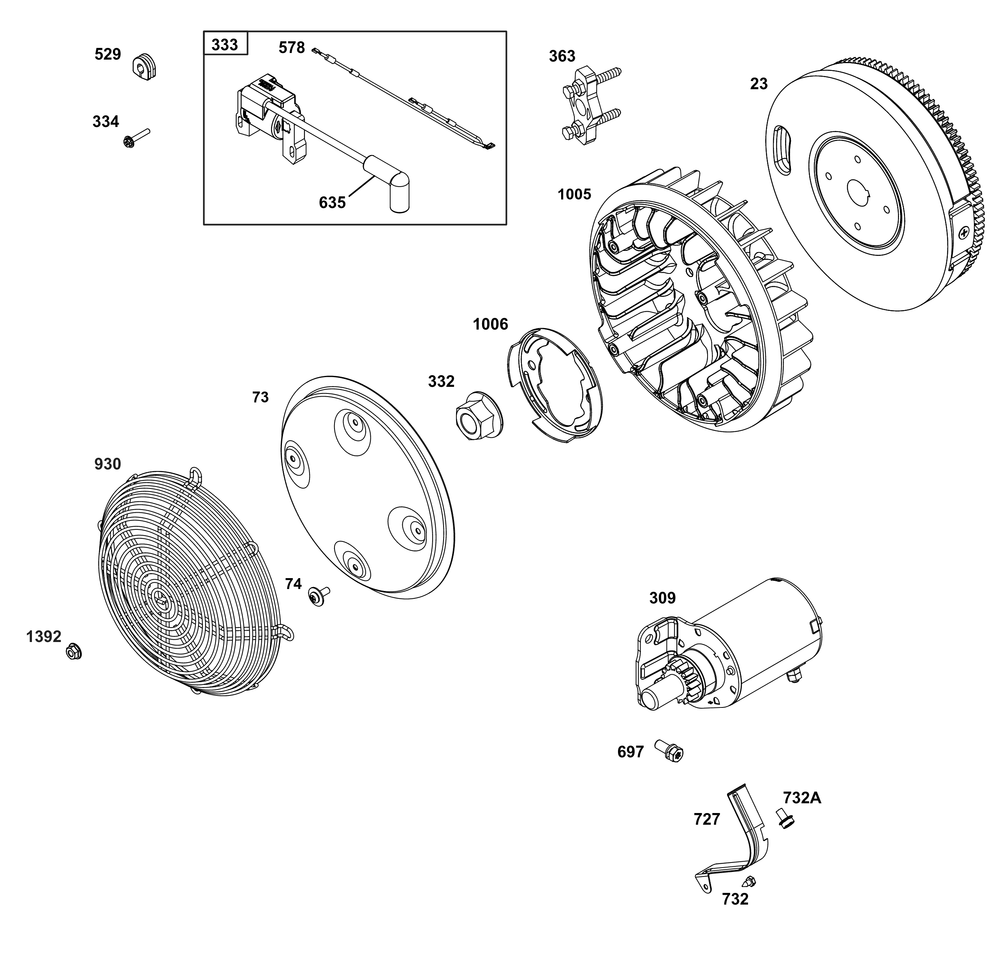 Flywheel, Ignition, And Starter Group Diagram and Parts List for 386447-0440-G1 200000 - 399999 Briggs and Stratton Engine